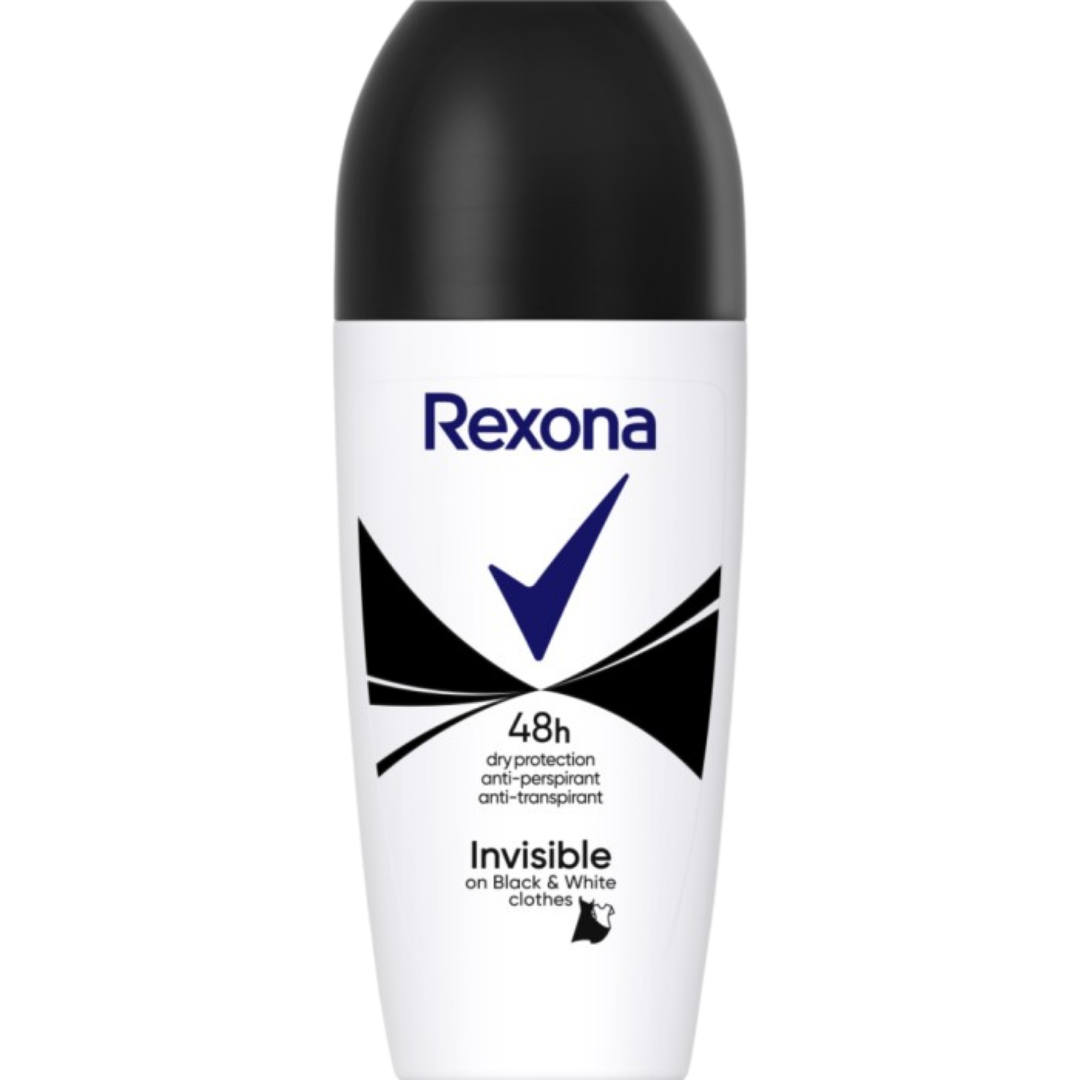 Rexona Deo Roller Invisible Black+ White Clothes 50ml | ريكسونا مزيل تعرق رول للملابس البيضاء والسوداء - 50 مل