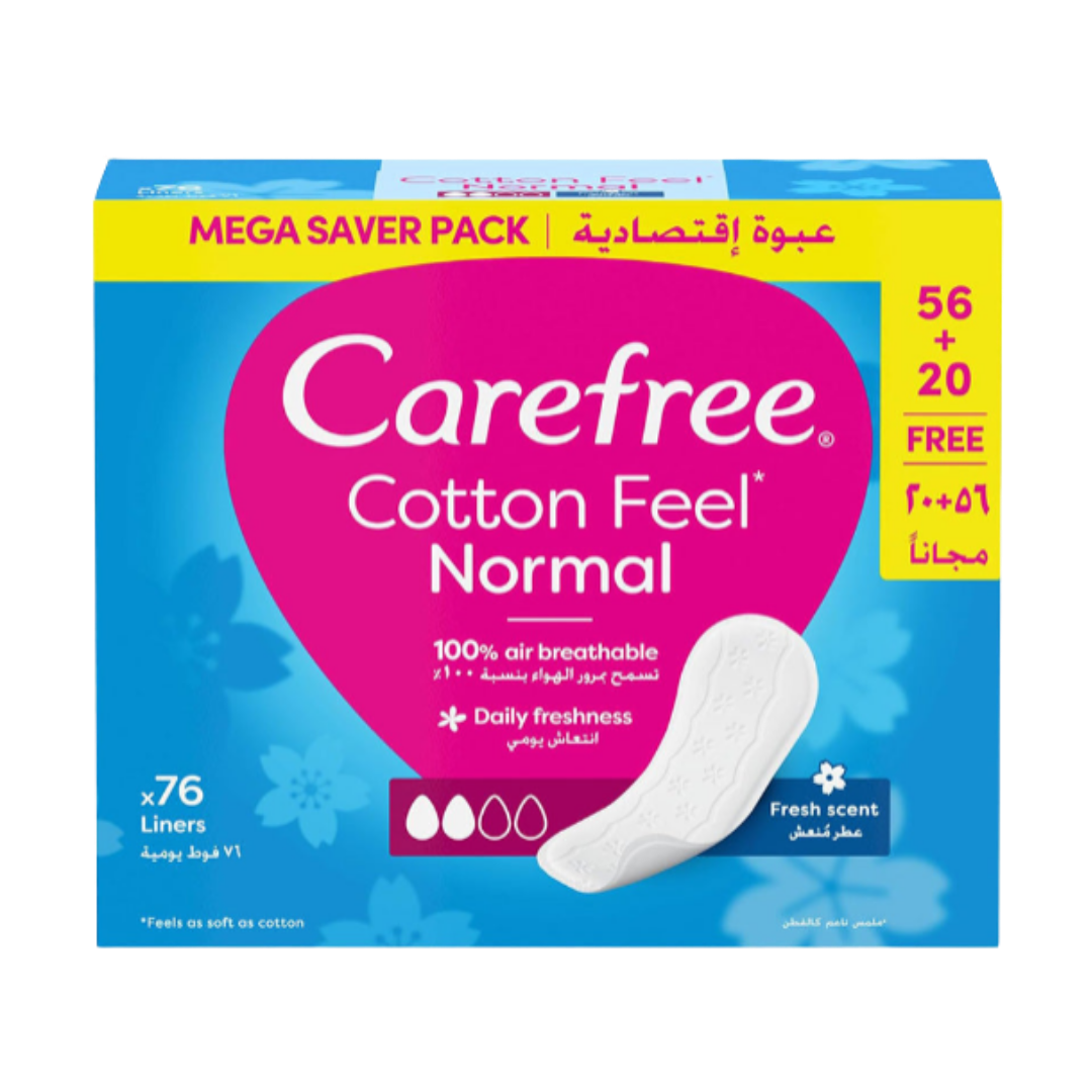 Carefree Cotton Feel Normal Fresh Scent - 76pcs | كير فري فوط نسائية برائحة منعشة - 76 قطعة