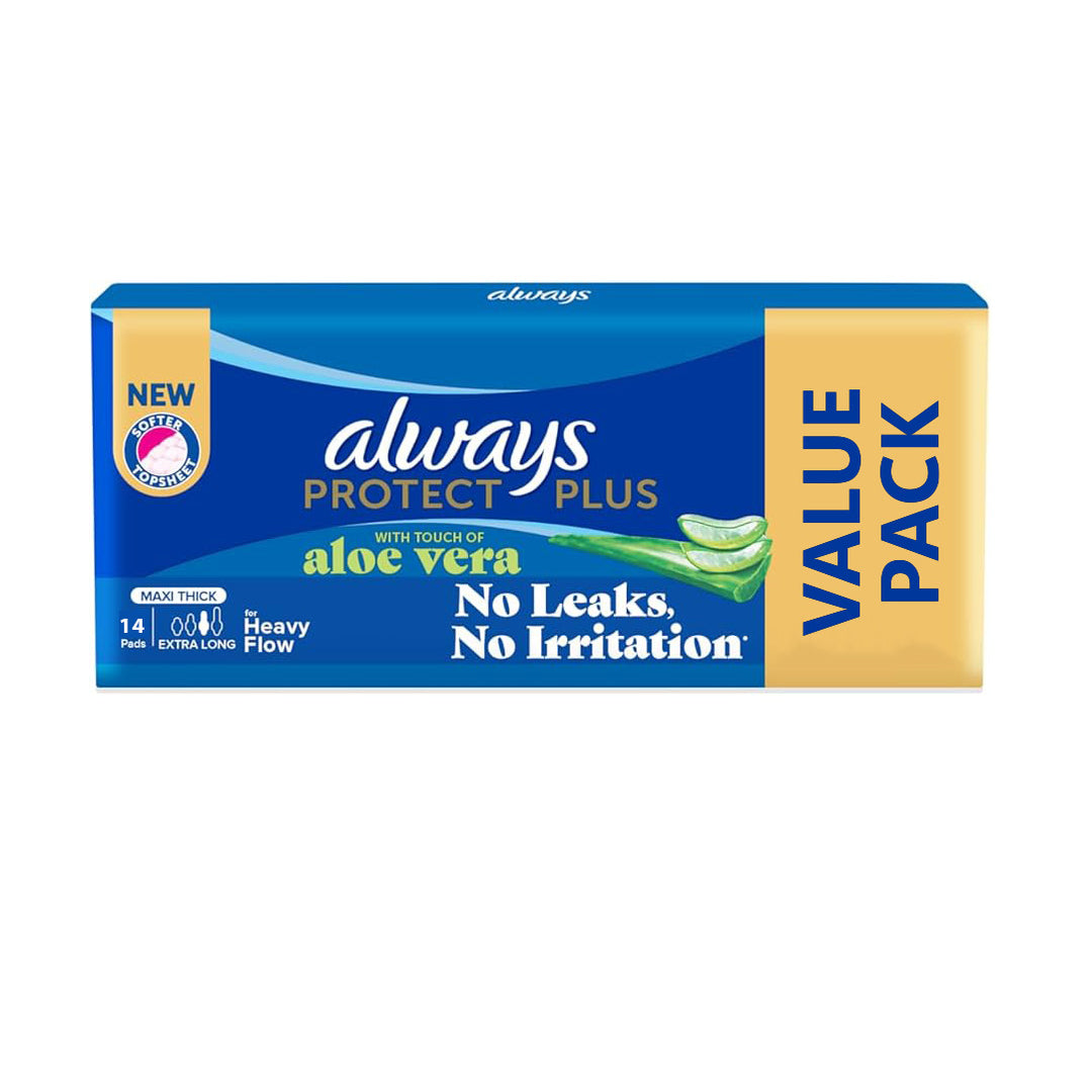 Always Protect Plus Aloe Vera Extra Long Pads - 14Pcs | أولويز فوط نسائية بروتكت بلس بالألوفيرا - 14 قطعة
