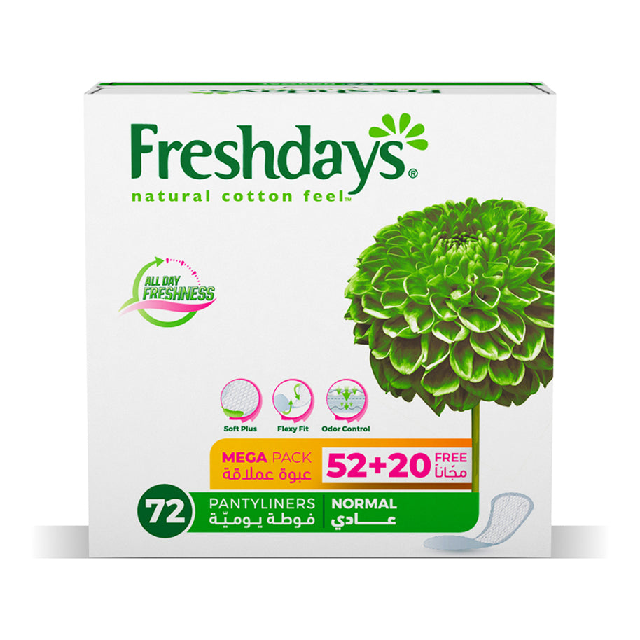 Fresh days Regular Panty Liners - 52 Pads + 20 Pads Free | فريش ديز فوط يومية عادية - 52 فوطة + 20 فوطة مجانية