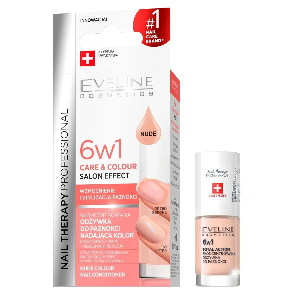 Eveline 6in1 Care & Color Nude Salon Effect - 5ml | ايفيلين 6 بـ 1 مقوي للأظافر مع لون بيج - 5 مل