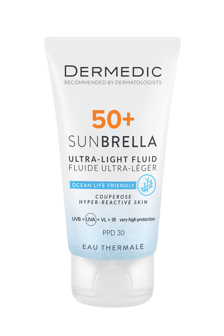 DERMEDIC Sunbrella Ultra-light fliud SPF 50+ couperose hyper-reactive skin - 40ml | ديرمديك كريم واقي شمسي بقوام سائل للبشرات الحساسة spf50+ - 40 مل