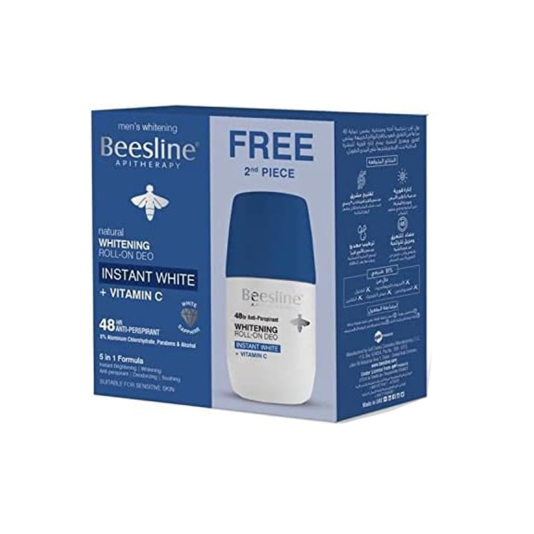 Beesline Whitening Roll-On Instant White + Vitamin C 1+1 Free Offer - 2x50ml | بيزلين رول اون لتبييض البشرة مع فيتامين سي 1+1 - قطعتين - 50 مل