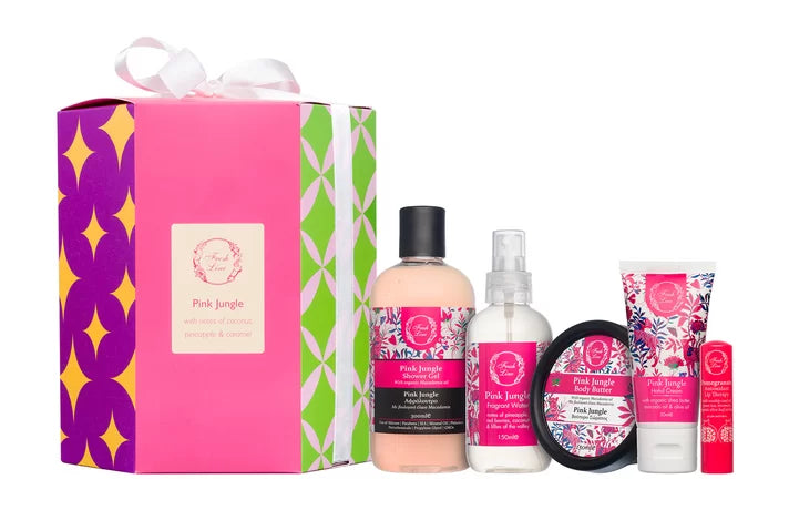 Fresh Line Pink Jungle Set Shower Gel 300ml Body Butter 150ml Fragrant Water 150ml Hand Cream 50ml Lip Therapy 5,4g | فريش لاين مجموعة بينك جنغل للعناية المتكاملة