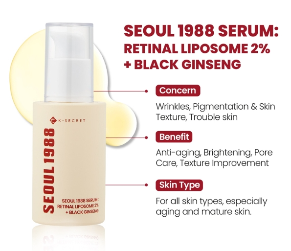 K - SECRET Seoul 1988 Serum: Retinal Liposome 2% + Black Ginseng - 30ml | ك سيكريت سيروم ريتينال وجينسينغ - 30 مل