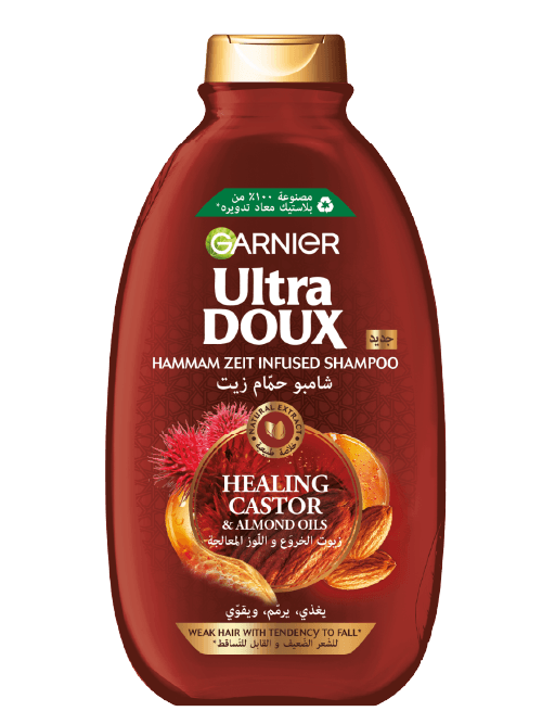 Garnier Ultra Doux Healing Castor & Almond Oil Shampoo - 400ml | غارنييه الترا دو شامبو بزيت الخروع وزيت اللوز للشعر الضعيف والقابل للتساقط - 400 مل