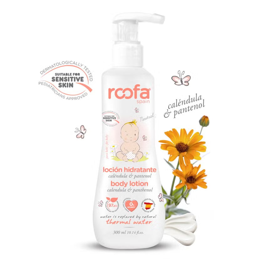 Roofa Baby Moisturizing Body Lotion With Calendula & Panthenol - 300 ml | روفا لوشن ترطيب للأطفال بخلاصة الكاليندولا والبانثينول – 300 مل