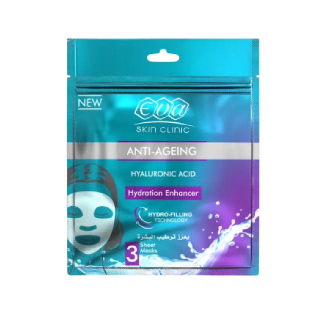 Eva Skin Clinic HyaluronicAcid Sheet Mask 3 Sheets - 42ml | ايفا ماسك ورقي للوجه عدد 3 بالهيالورونيك اسيد - 42 مل