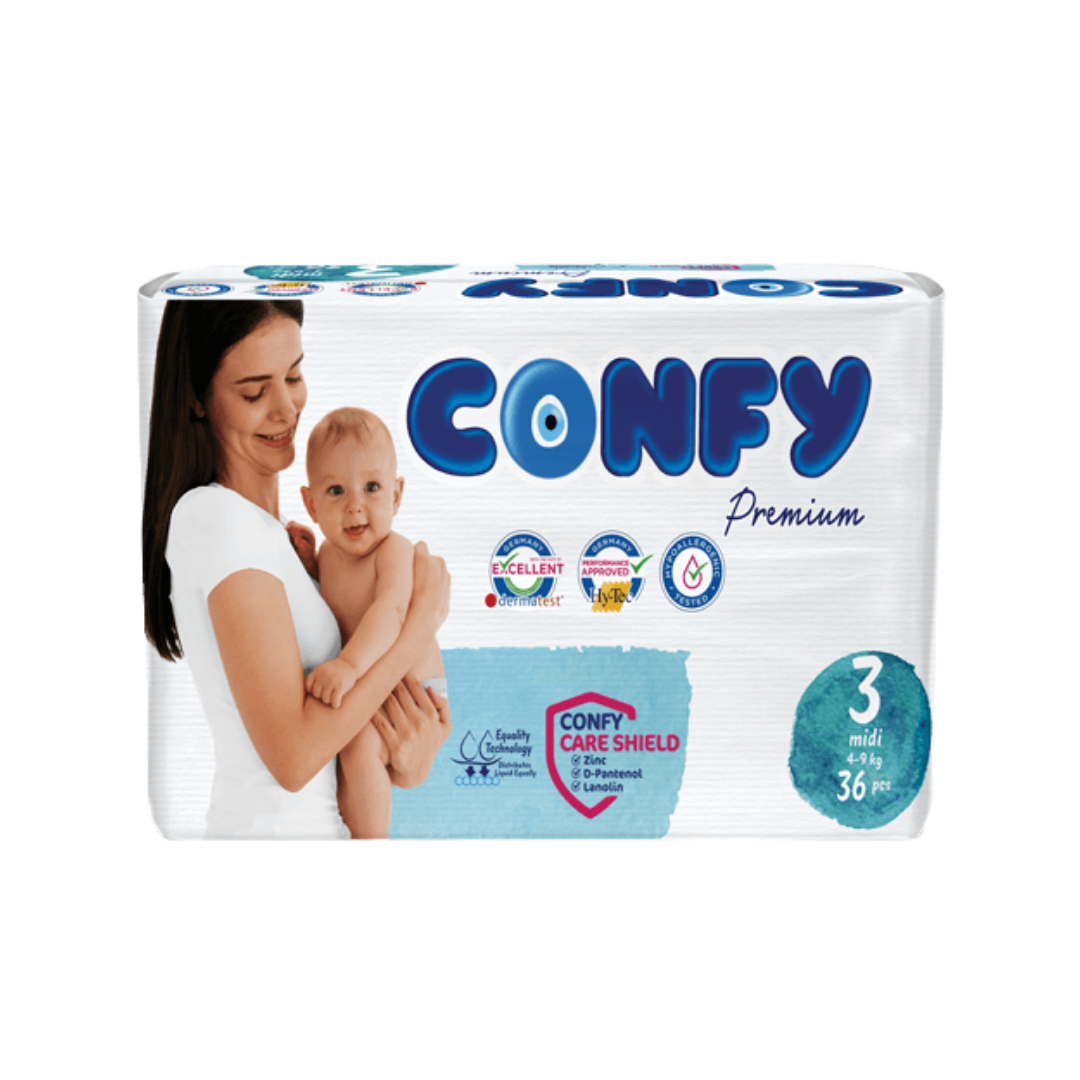 confy premium 3 Midi 4_9 kg 54 Pcs| كونفي حفاضات اطفال لعمر 3 سنوات  -54 قطعة