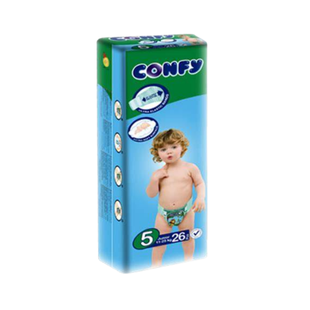 Confy 5 Junior 11_ kg 26 Pcs | كونفي حفاضات اطفال  مقاس 5  -11غرام