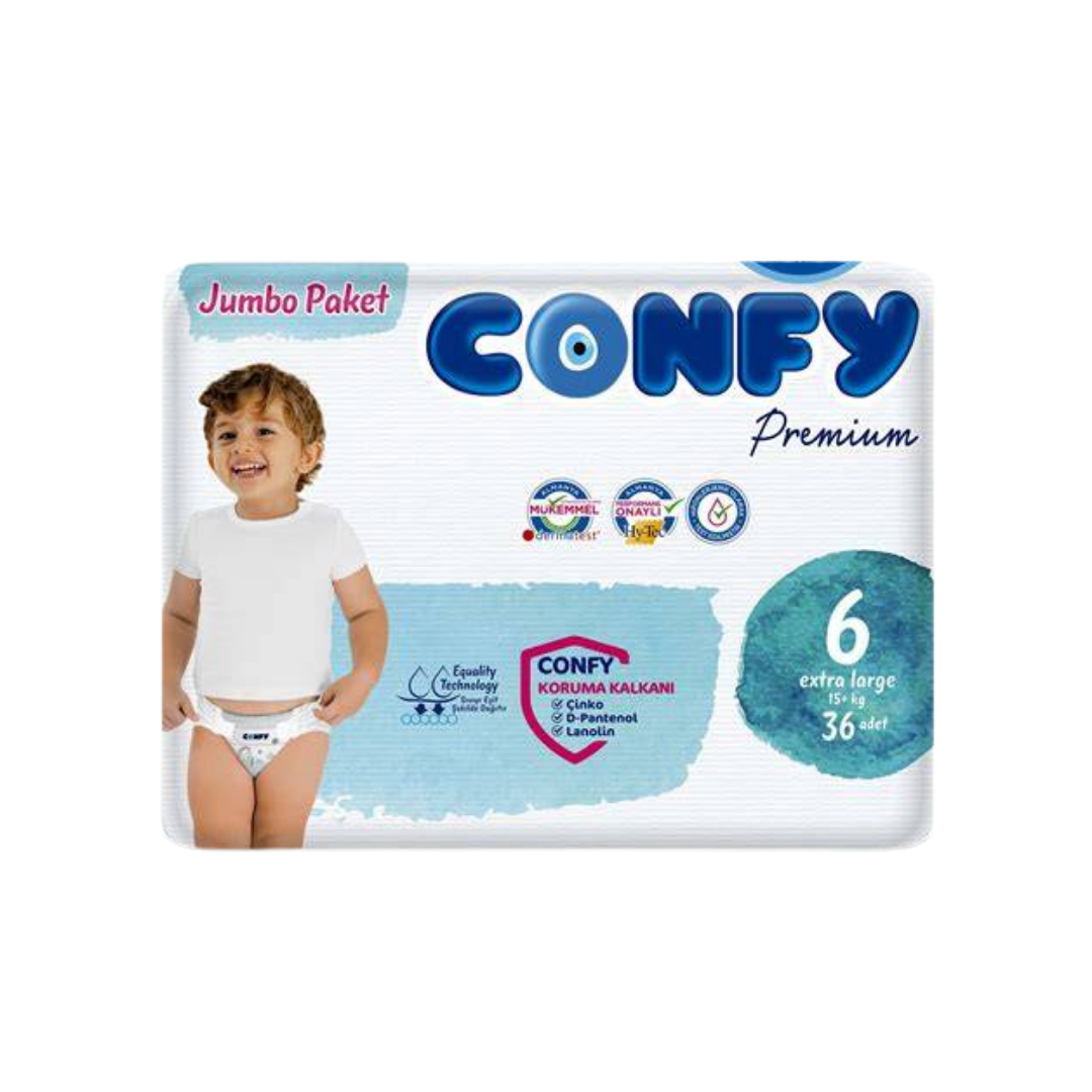 Confy Premium 6  Extra large +15 KG Pcs 36 | كونفي حفاضات اطفال مقاس 6  اكسترا لارج +15 كغ