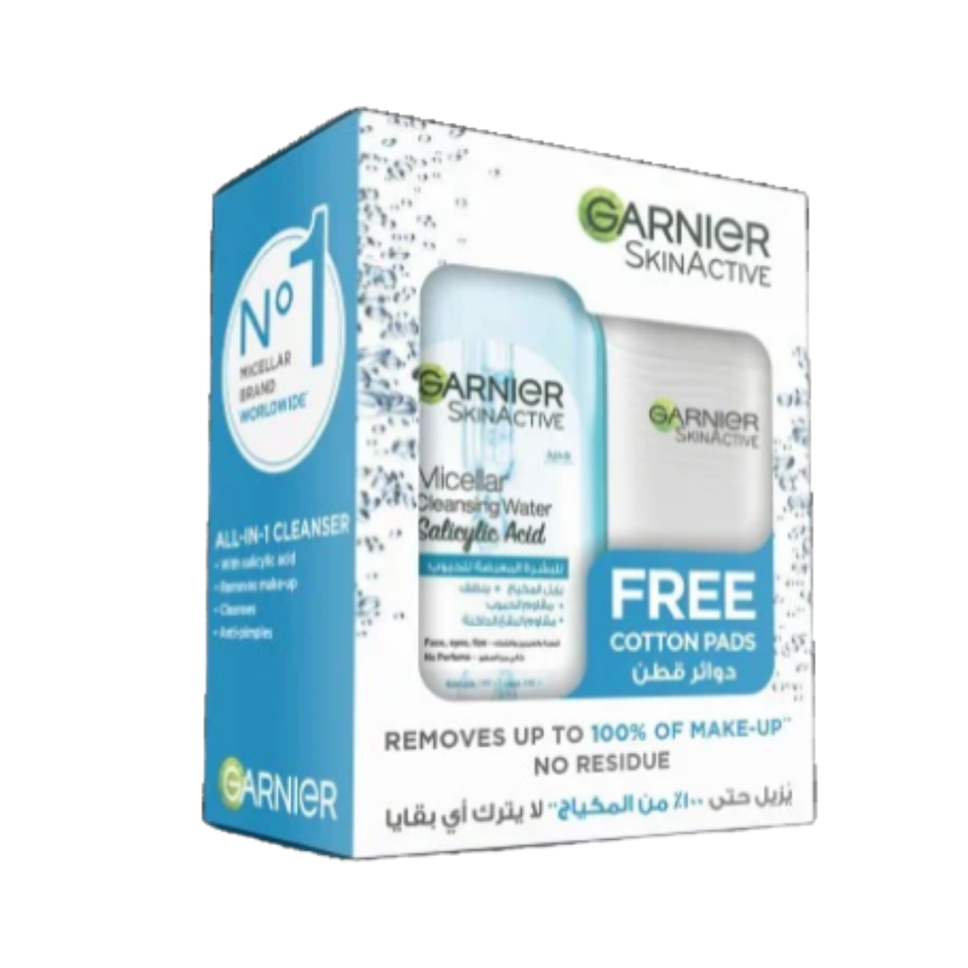 Garnier Skin Active Micellar Water Salicylic Acid Free Cotton _ Pads - 400ml | غارنييه ماء ميسيلار بحمض الساليسيليك اسيد مع ضمادات قطنية مجانية - 400 مل