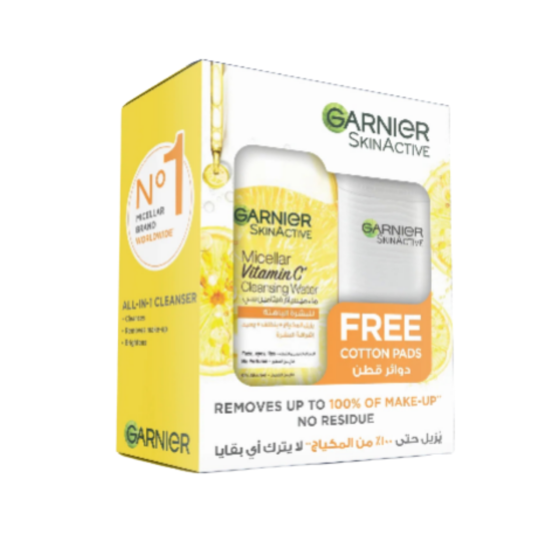 Garnier Skin Active Vitamin C Micellar Water+Free Cotton Pads - 400 ml | غارنييه ميسيلار بالفيتامين سي مع ضمادات قطنية مجانية -400  مل