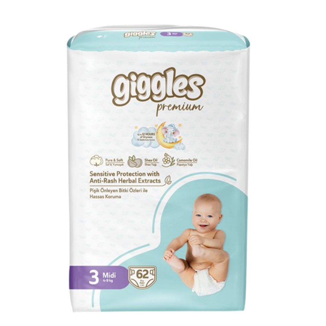 giggles premium Midi 4_9 kg 62 Pcs | جيجي ليس حفاضات للأطفال لوزن 4_9 كغ - 62 قطعة