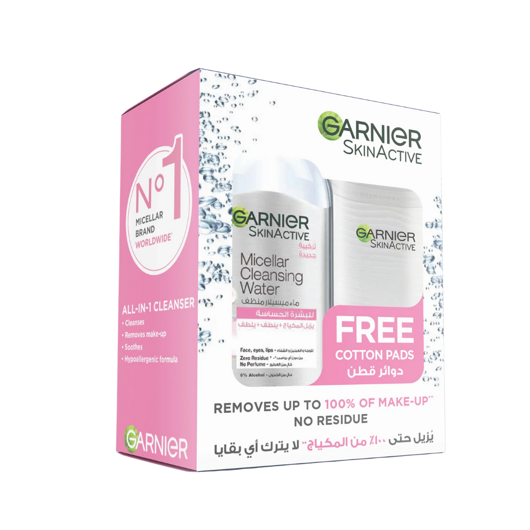 Garnier Skin Active Micellar Water Salicylic Acid Free Cotton _ Pads - 400ml| غارنييه ماء ميسيلار للبشرة الحساسة مع دوائر قطن مجانية – 400 مل