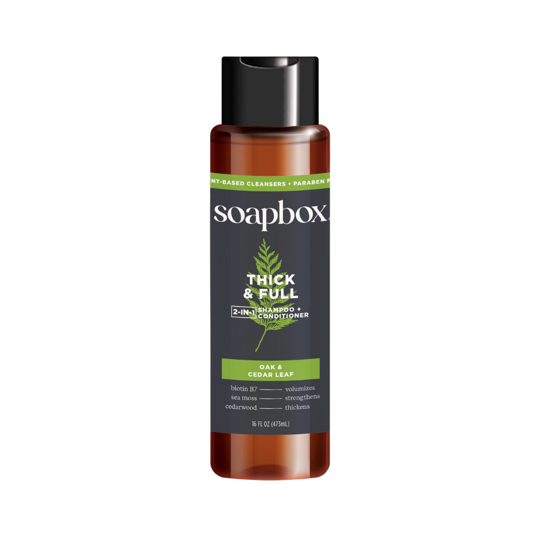 Soapbox Thick & Full, 2-In-1 Shampoo + Conditioner, Oak & Cedar Leaf - 473ml |  سوب بوكس شامبو وبلسم 2 في 1 كثيف وممتلئ – أوراق البلوط والأرز – 473 مل