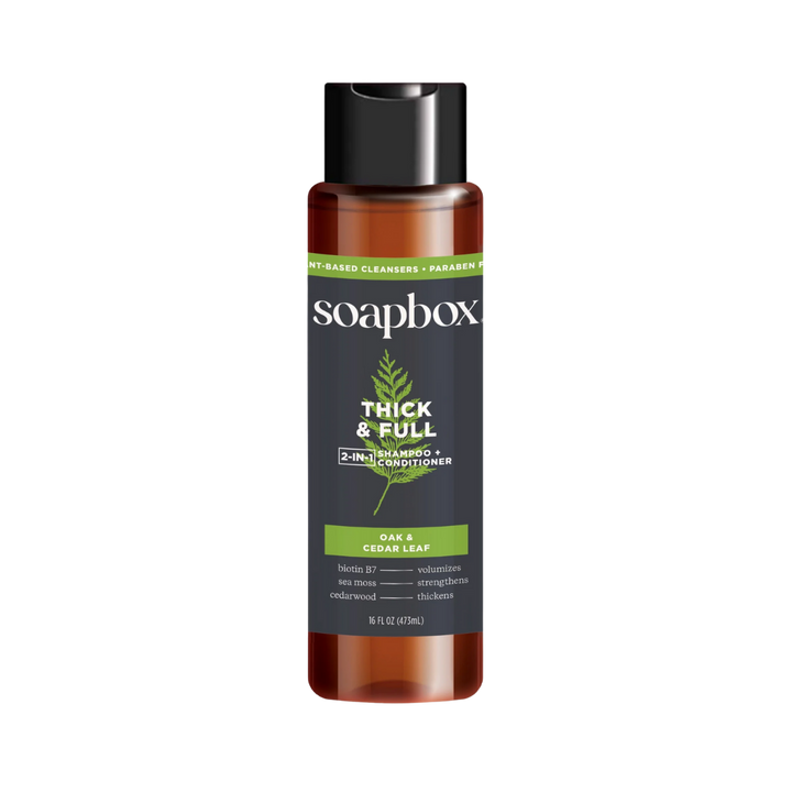 Soapbox Thick & Full, 2-In-1 Shampoo + Conditioner, Oak & Cedar Leaf - 473ml |  سوب بوكس شامبو وبلسم 2 في 1 كثيف وممتلئ – أوراق البلوط والأرز – 473 مل
