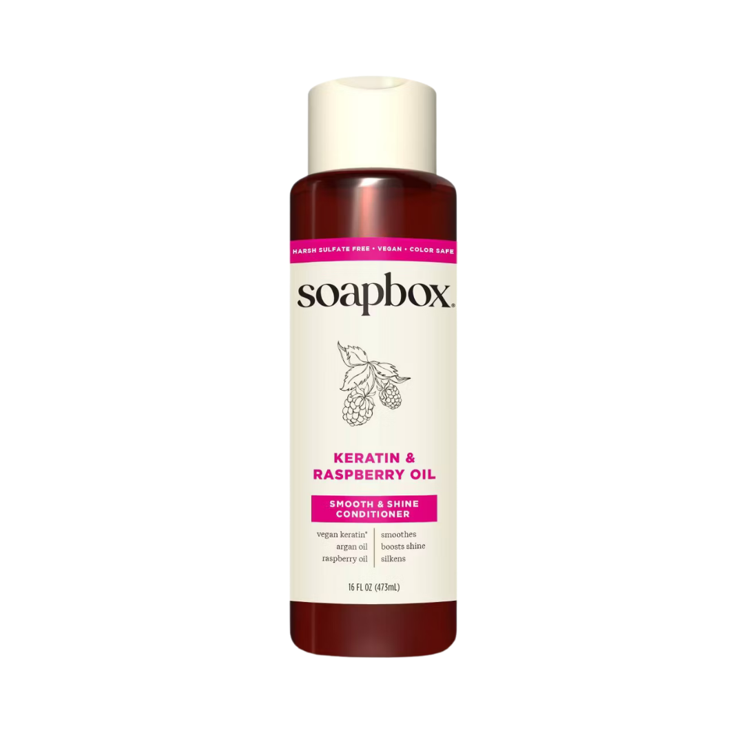 Soapbox Keratin and Raspberry Oil Smooth and Shine Conditioner - 473ml |  سوب بوكس بلسم تنعيم ولمعان الشعر  بالكيراتين وزيت التوت – 473 مل