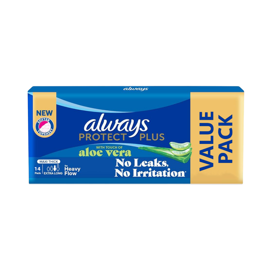 Always Protect Plus Aloe Vera Extra Long Pads - 14Pcs | أولويز فوط نسائية بروتكت بلس بالألوفيرا - 14 قطعة