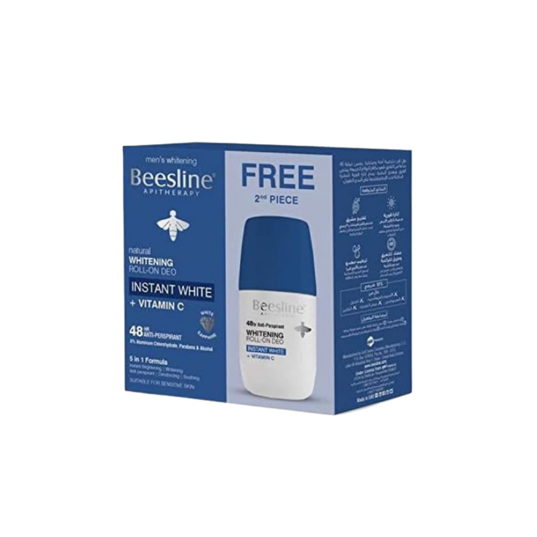 Beesline Whitening Roll-On Instant White  + Vitamin C 1+1 Free Offer - 2x50ml | بيزلين رول اون لتبييض البشرة مع فيتامين سي 1+1  - قطعتين - 50 مل