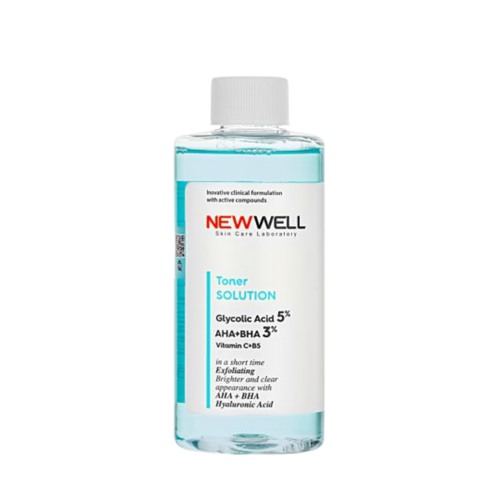 NEW WELL Toner Solution Glycolic Acid 5% AHA+Bha3% - 200ml | نيو ويل تونرالمقشر بحمض الجليكوليك AHA 5% وBHA 3% لتجديد البشرة وتنقية المسام - 200 مل