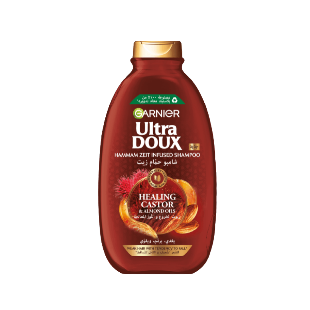 Garnier Ultra Doux Healing Castor & Almond Oil Shampoo - 400ml |  غارنييه الترا دو شامبو بزيت الخروع وزيت اللوز للشعر الضعيف والقابل للتساقط - 400 مل