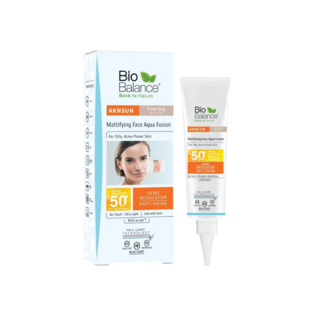 Bio Balance Aknsun Medium Tinted Mattifying Aqua Fusion SPF 50 Dry Touch - 40ml |بايو بالانس  واقي شمسي للبشرة الدهنية بعامل حماية 50 مع لون - 40 مل