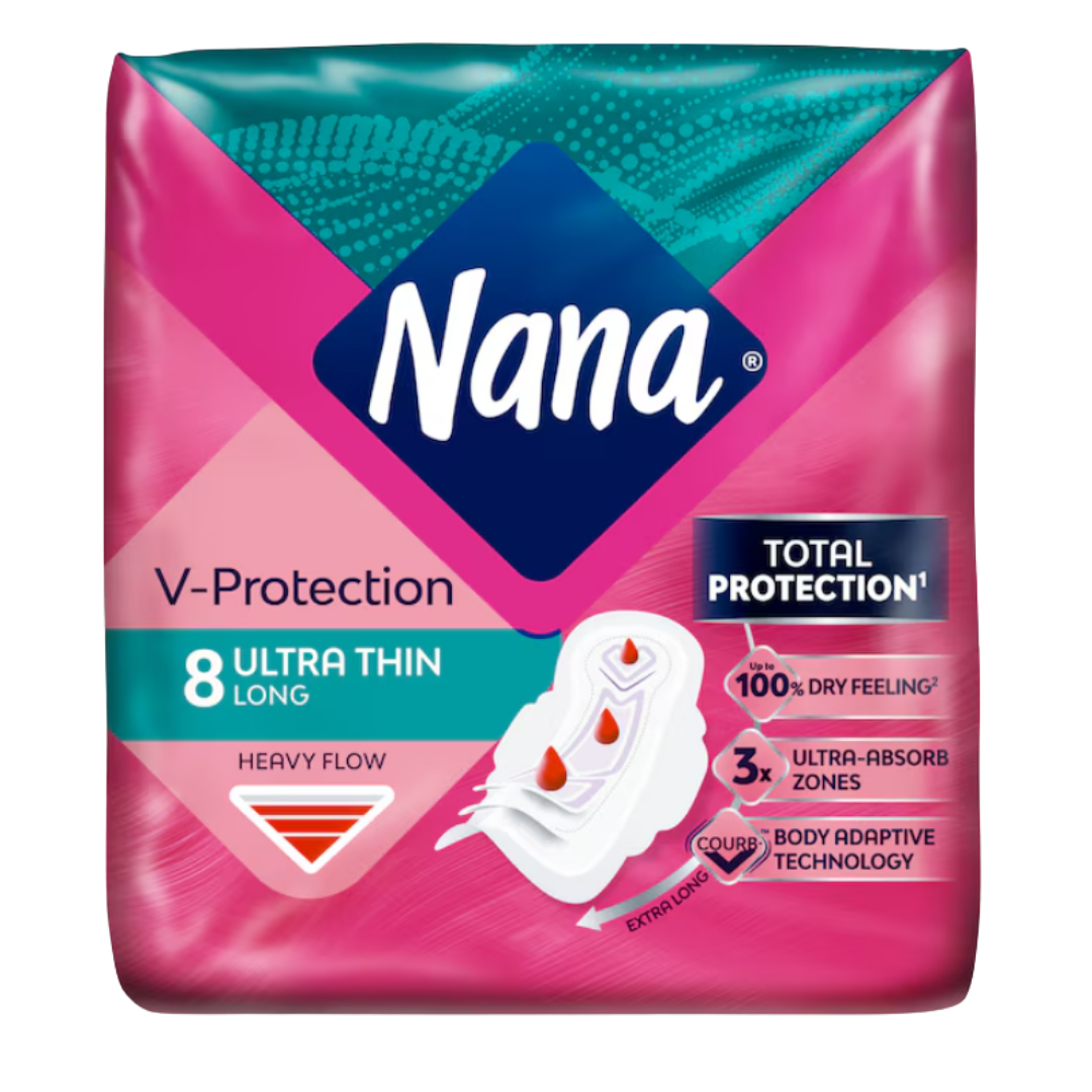 Nana V-Protection Ultra Thin Long - 8pads | نانا فوط نسائية رقيقة و طويلة - 8 قطع