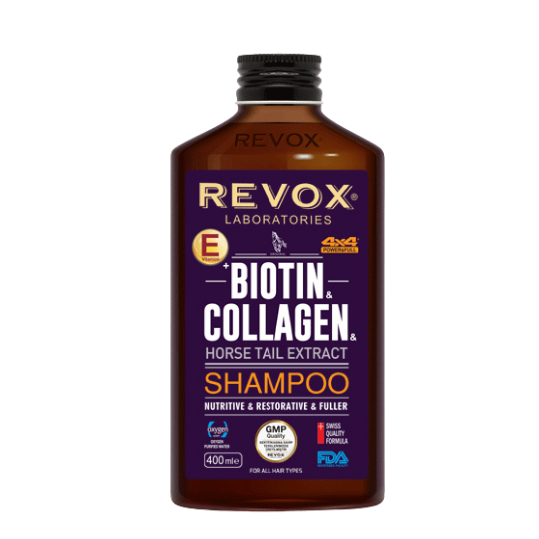Revox Laboratories Biotin Collagen Horse Tail Extract Shampoo - 400ml | ريفوكس لابوراتوريس شامبو البايوتين و الكولاجين و مستخلص ذيل الحصان - 400 مل