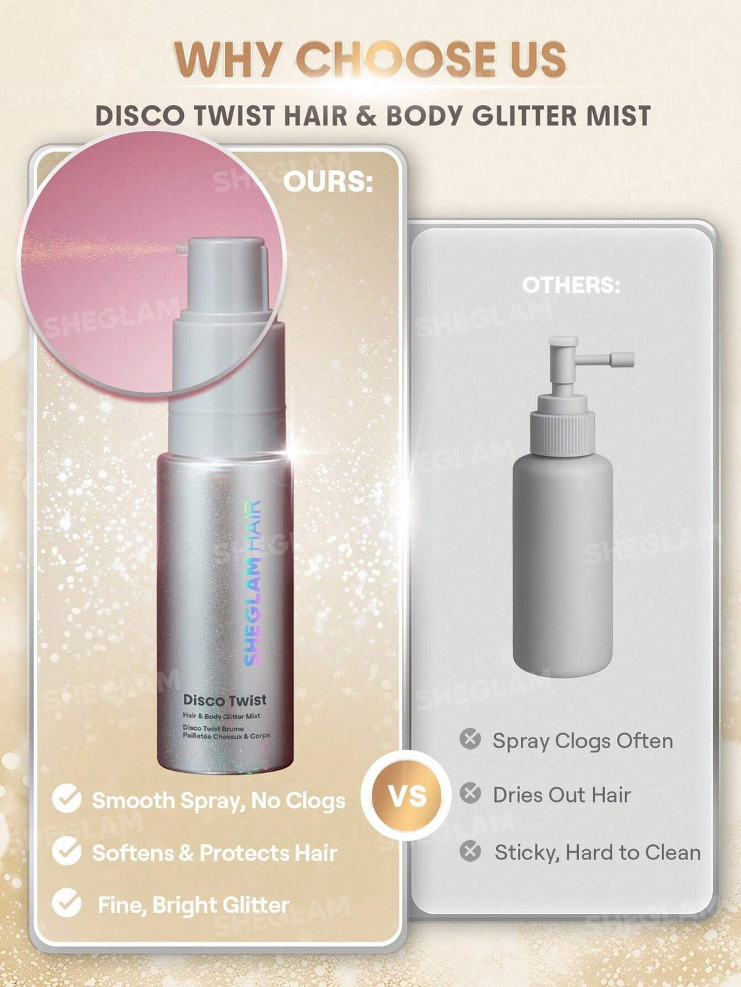 SHEGLAM Disco Twist Hair & Body Glitter Mist - 10g| شيغلام سبراي لامع بخاخ للجسم والشعر -10 غرام