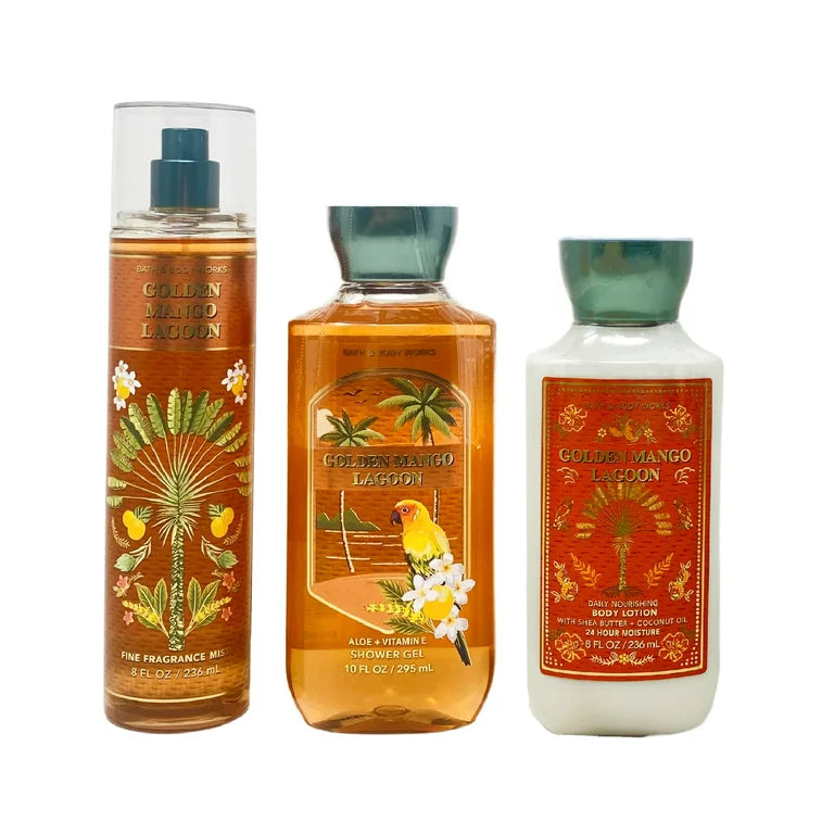 Bath & Body Works Golden Mango Lagoon Fragrance Mist & Shower Gel & Body Lotion - Full Size Set | باث اند بودي مجموعة العناية بالجسم سائل استحمام ولوشن للجسم وسبلاش - 3 قطع