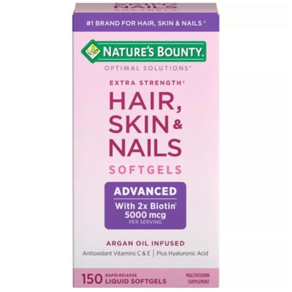Nature's Bounty Extra Strength Hair, Skin & Nails 5,000mcg - 150Liquid Softgels | ناتشرز باونتي متمم غذائي لصحة الجلد و الشعر و الأظافر 5000 مكغ - 150 كبسولة
