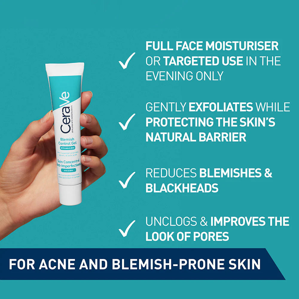 CeraVe Blemish Control Gel Facial Moisturiser For Acne & Blemishes with Glycolic Acid and Lactic Acid AHA/BHA - 40ml | سيرافي علاج لحب الشباب - 40 مل