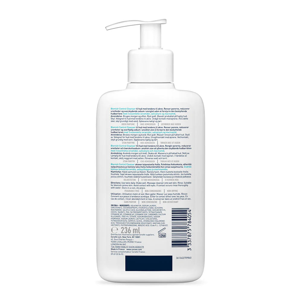 CeraVe Blemish Control Cleanser Face Wash For Acne & Blemish Prone Skin with 2% Salicylic Acid, Niacinamide and Ceramides -236ml | سيرافي غسول لحب الشباب - 236 مل