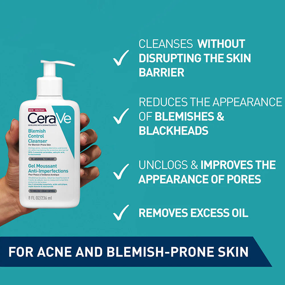 CeraVe Blemish Control Cleanser Face Wash For Acne & Blemish Prone Skin with 2% Salicylic Acid, Niacinamide and Ceramides -236ml | سيرافي غسول لحب الشباب - 236 مل