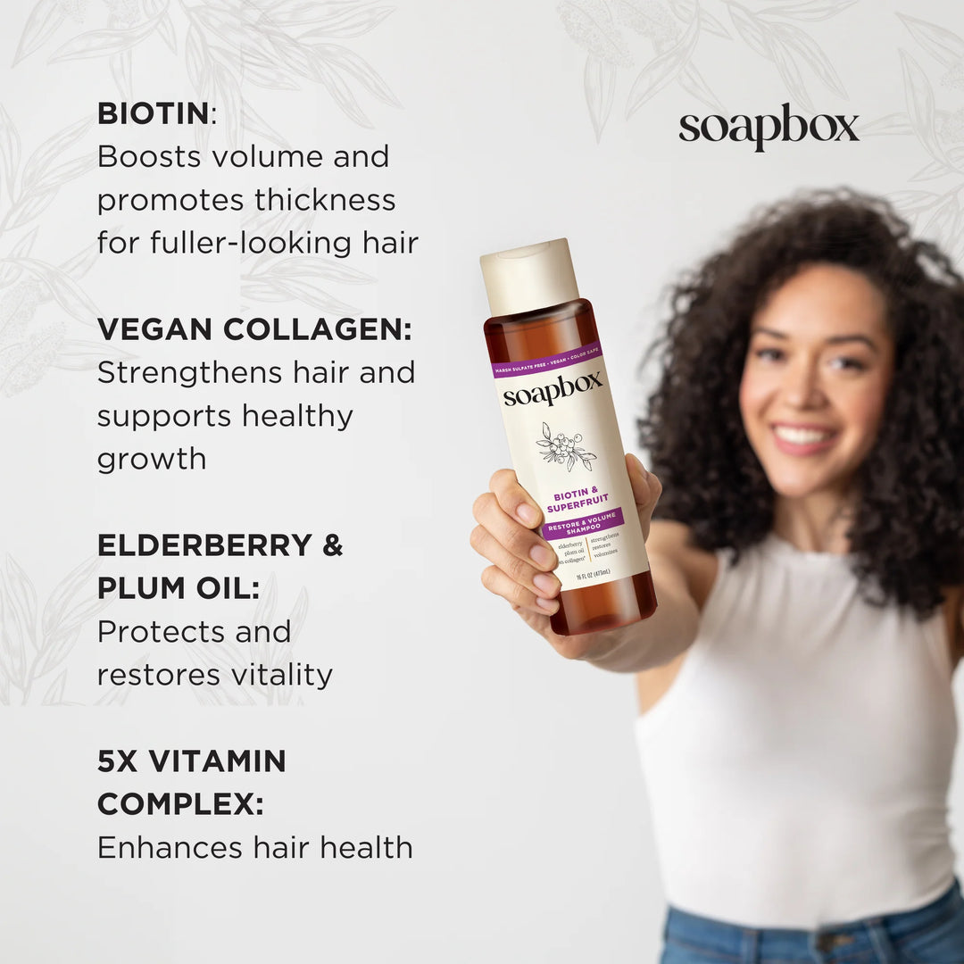 SoapBox Biotin & Superfruit  Restore & Volume Shampoo - 473ml | سوب بوكس شامبو البيوتين وخلاصة الفواكه - 473 مل