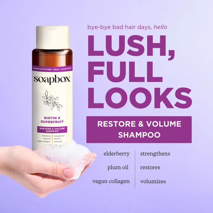 SoapBox Biotin & Superfruit  Restore & Volume Shampoo - 473ml | سوب بوكس شامبو البيوتين وخلاصة الفواكه - 473 مل