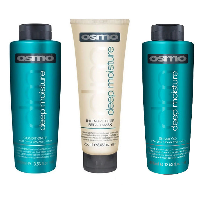 osmo Hydrate Deep Moisture Shampoo+Conditioner+Repair Mask - 400x400x250ml | أوزمو مجموعة للعناية بالشعر الجاف و التالف - 400x400x250 مل