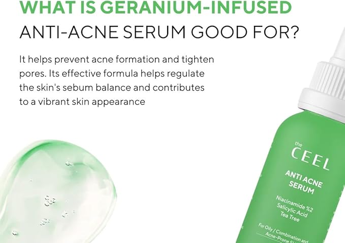 the CEEL Anti Acne Serum Niacinamide Elargonium Graveolens Tea Tree - 30ml | ذا سيل سيروم للحب بزيت شجرة الشاي والنياسيناميد - 30 مل