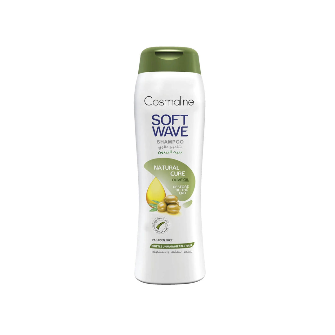COSMALINE Soft Wave Natural Cure Shampoo For Brittle Unmanageable Hair – 400ml | كوزمالين شامبو للشعر الهايش و المتقصف بزيت الزيتون - 400 مل