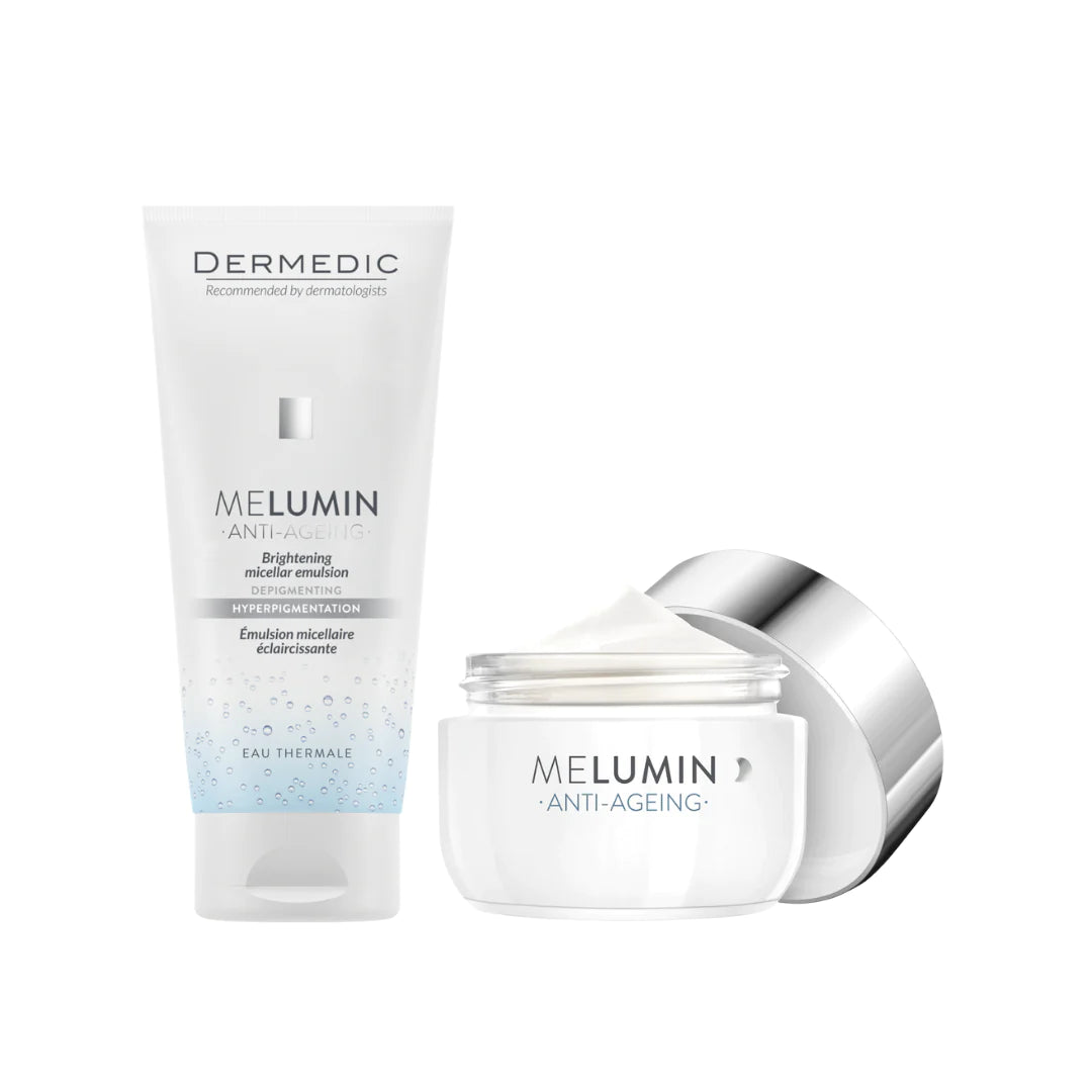 DERMEDIC recommended by dermatologists melumin depigmenting anti-ageing night | ديرمديك مجموعة موصاة من طبيب الجلدية لعلاج التصبغات و الوقاية من التجاعيد ليلاً