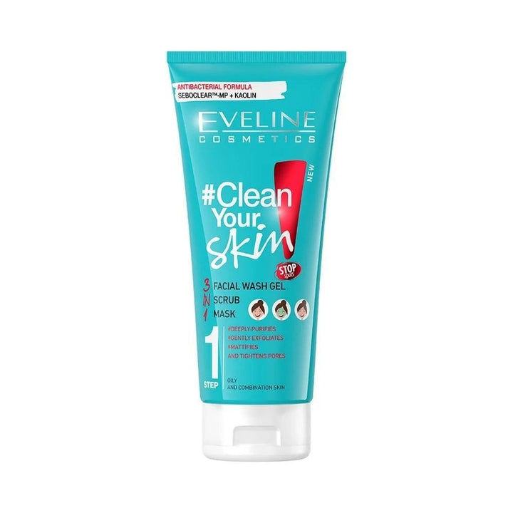 Eveline Clean Your Skin 3 In 1 Facial Wash Gel+Scrub+Mask - 200ml | ايفلين غسول 3 في 1 للوجه - 200 مل