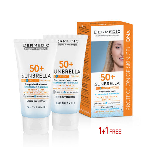 DERMEDIC Sun Protection Cream SPF 50+ Sensitive Skin With Fragile Capillaries - 50 + 50 ml | ديرمديك كريم واقي شمسي spf50+ - للبشرة الحساسة - 50 + 50 مل