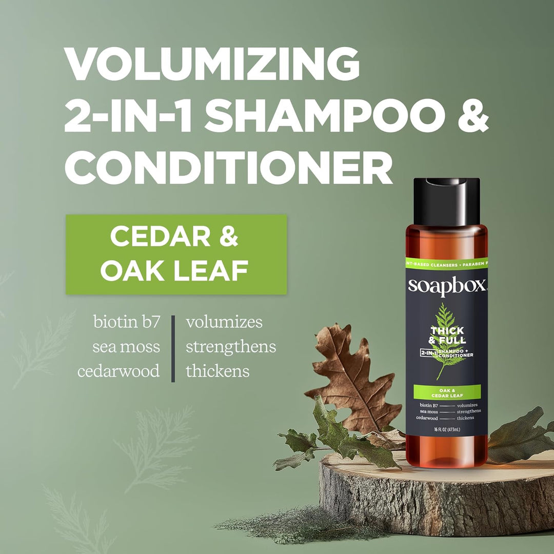 Soapbox Thick & Full, 2-In-1 Shampoo + Conditioner, Oak & Cedar Leaf - 473ml |  سوب بوكس شامبو وبلسم 2 في 1 كثيف وممتلئ – أوراق البلوط والأرز – 473 مل