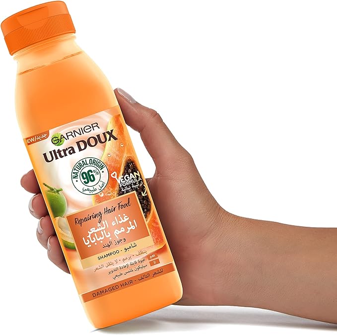 Garnier Ultra Doux Repairing Papaya Hair Food Shampoo for Damaged Hair - 350ml | غارنييه الترا دو شامبو غذاء الشعر بالبابايا للشعر التالف  - 350 مل