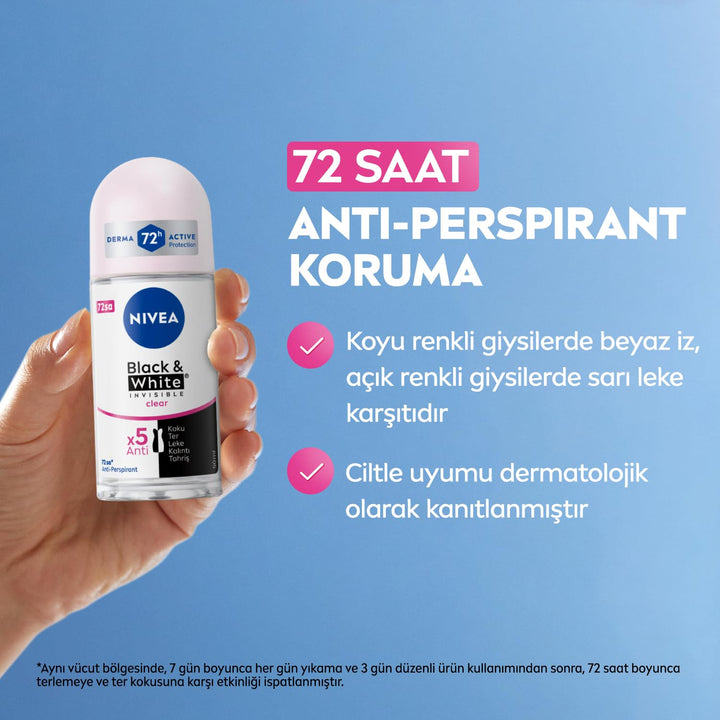 Nivea Roll On Woman Black White Invisible Clear - 50ml | نيفيا رول أون للنساء بلاك آند وايت إنفزبل كلير – ٥٠ مل