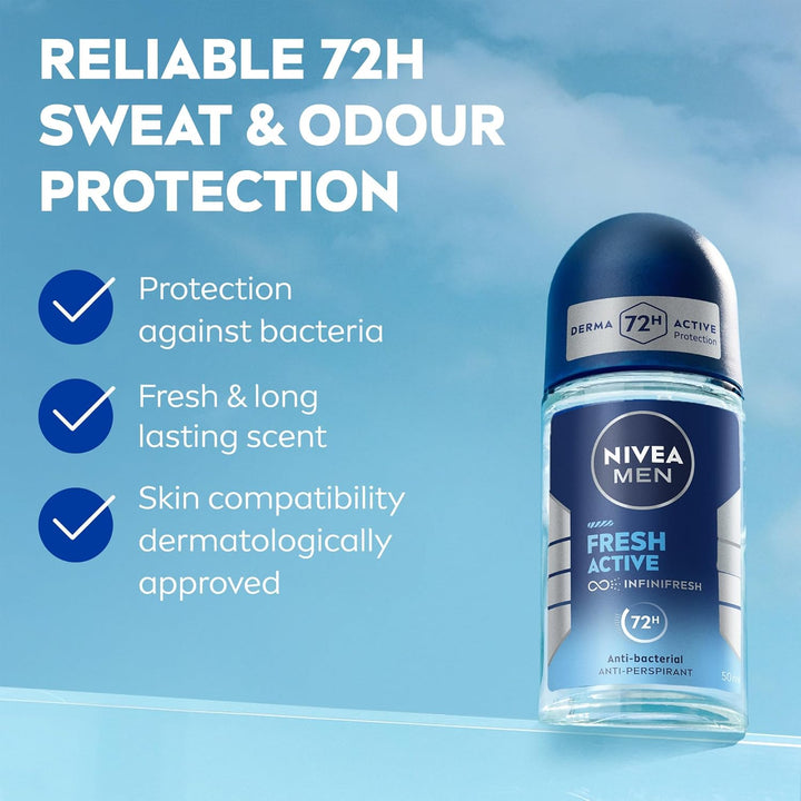 NIVEA MEN Fresh Active Anti-Perspirant Deodorant Roll On - 50ml| نيفيا مزيل عرق رول أون فريش أكتيف للرجال  -50 مل
