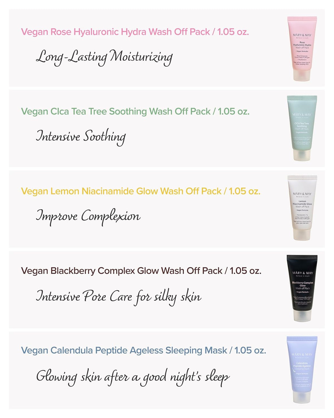 MARY & MAY Vegan Wash Off Mask Mini Gift Set (x20) (Bulk Box) | مجموعة هدايا ماسك الوجه القابل للغسل من مارِي آند ماي – نسخة صغيرة (20 قطعة) (علبة كبيرة)