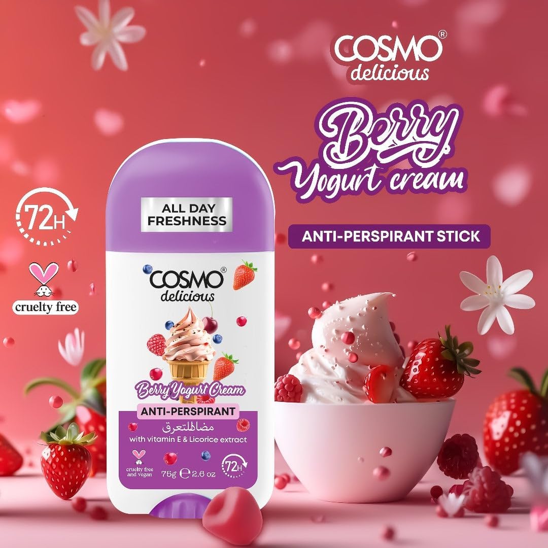 COSMO Berry Yogurt Cream Anti-Perspirant Stick 72H - 75g | ستيک كوزمو برائحة التوت والزبادي الكريمي مضاد للتعرق لمدة 72 ساعة – 75 جم