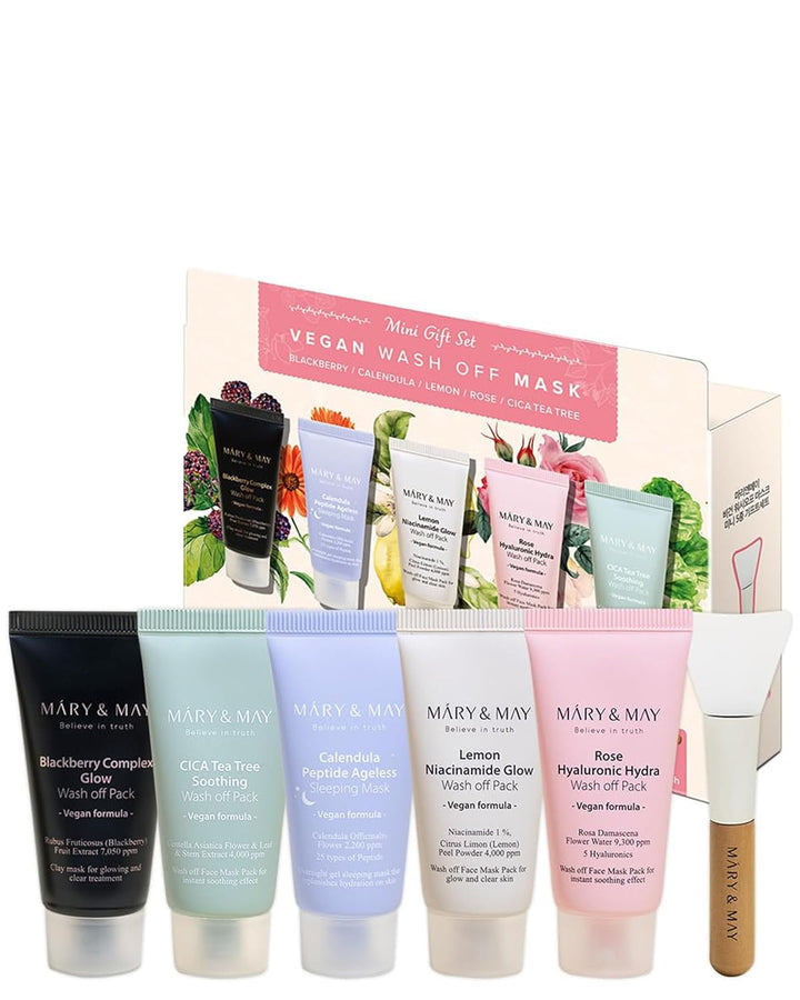 MARY & MAY Vegan Wash Off Mask Mini Gift Set (x20) (Bulk Box) | مجموعة هدايا ماسك الوجه القابل للغسل من مارِي آند ماي – نسخة صغيرة (20 قطعة) (علبة كبيرة)